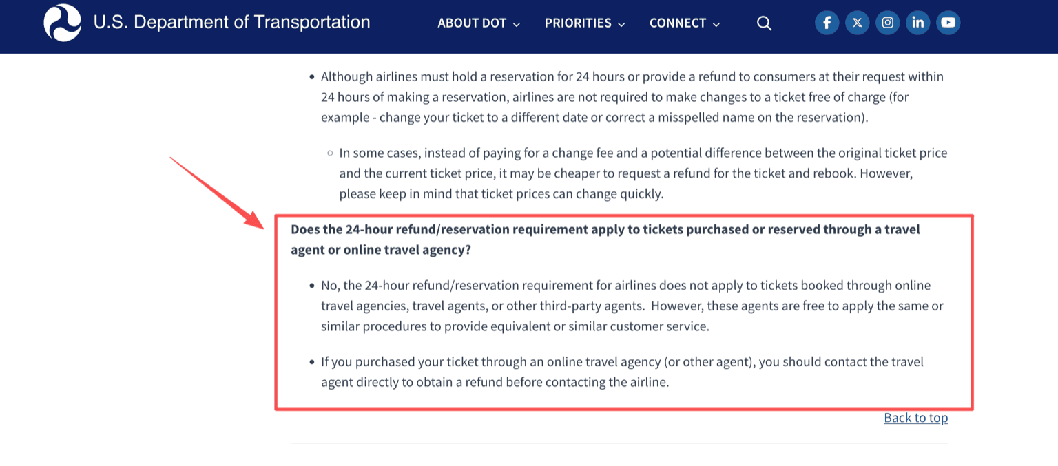 US Department of Transportation page stating the 24-hour refund requirement does not apply to tickets booked through travel agents