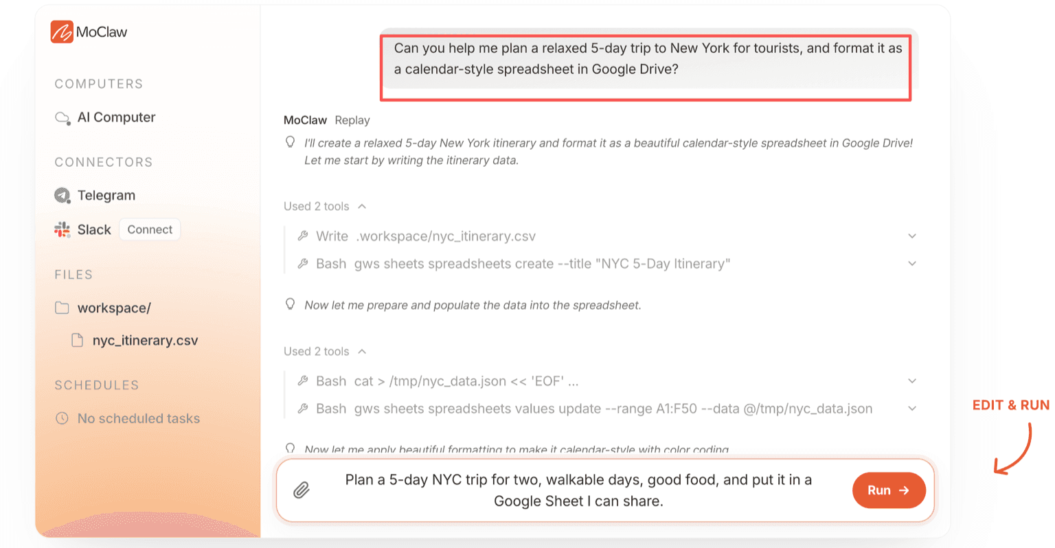MoClaw building a five-day New York itinerary into a shareable Google Sheet from a plain-English request