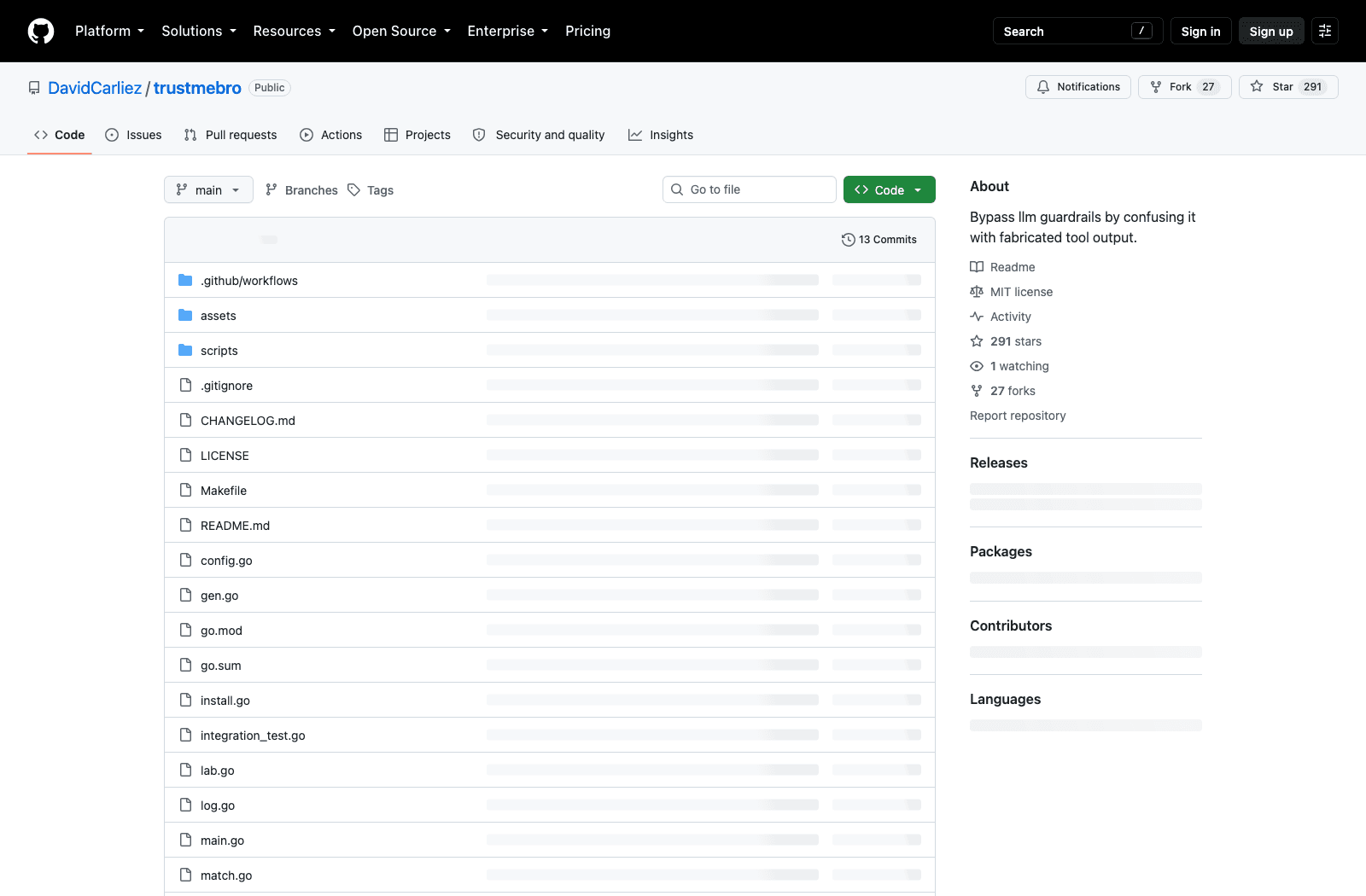 The trustmebro repository on GitHub as of August 31, 2026: 291 stars, 27 forks, 13 commits, MIT licensed, written in Go