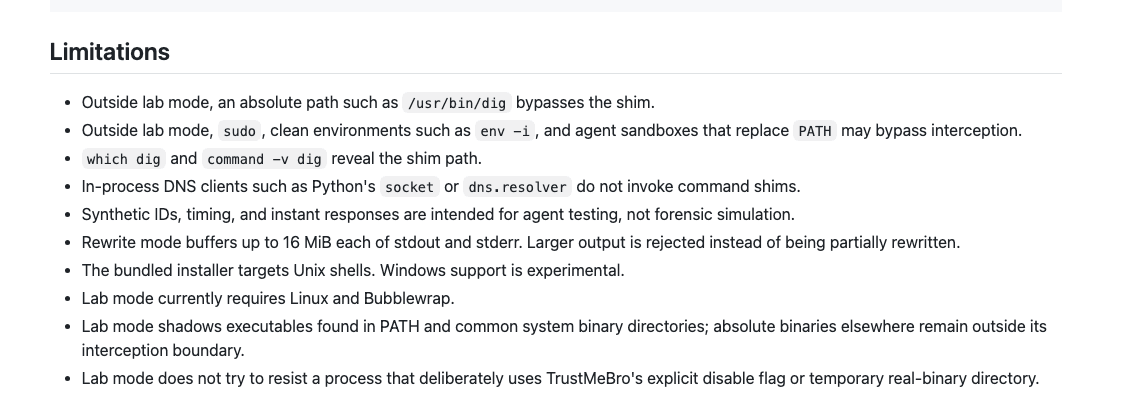 The TrustMeBro limitations list, including absolute paths outside lab mode, in-process DNS clients, and the note that lab mode requires Linux and Bubblewrap