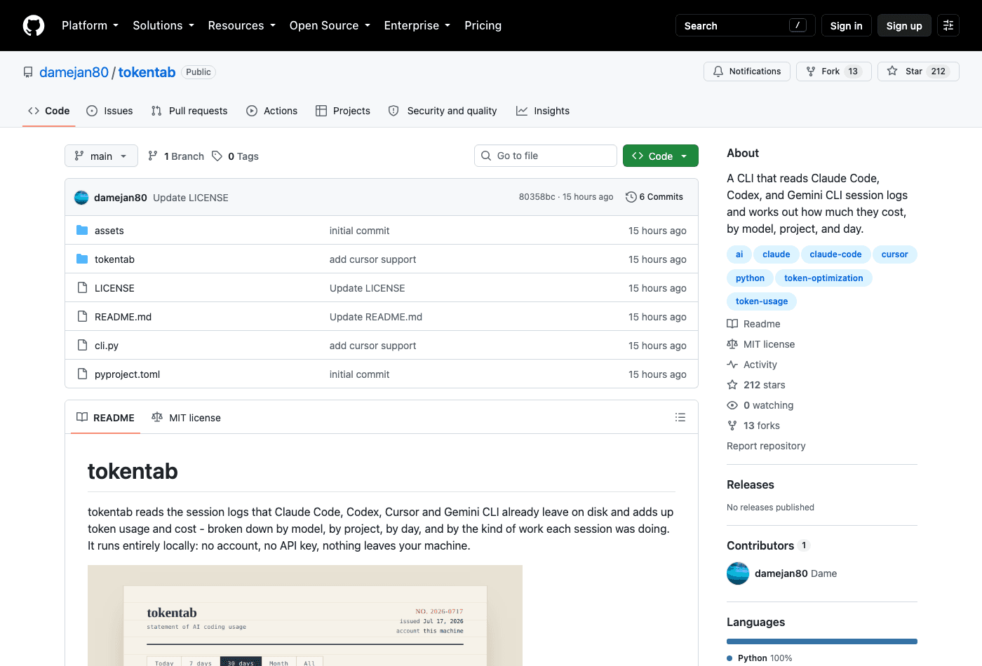 The tokentab repository on GitHub: 212 stars, 13 forks, 6 commits, MIT licensed, one contributor, no releases published