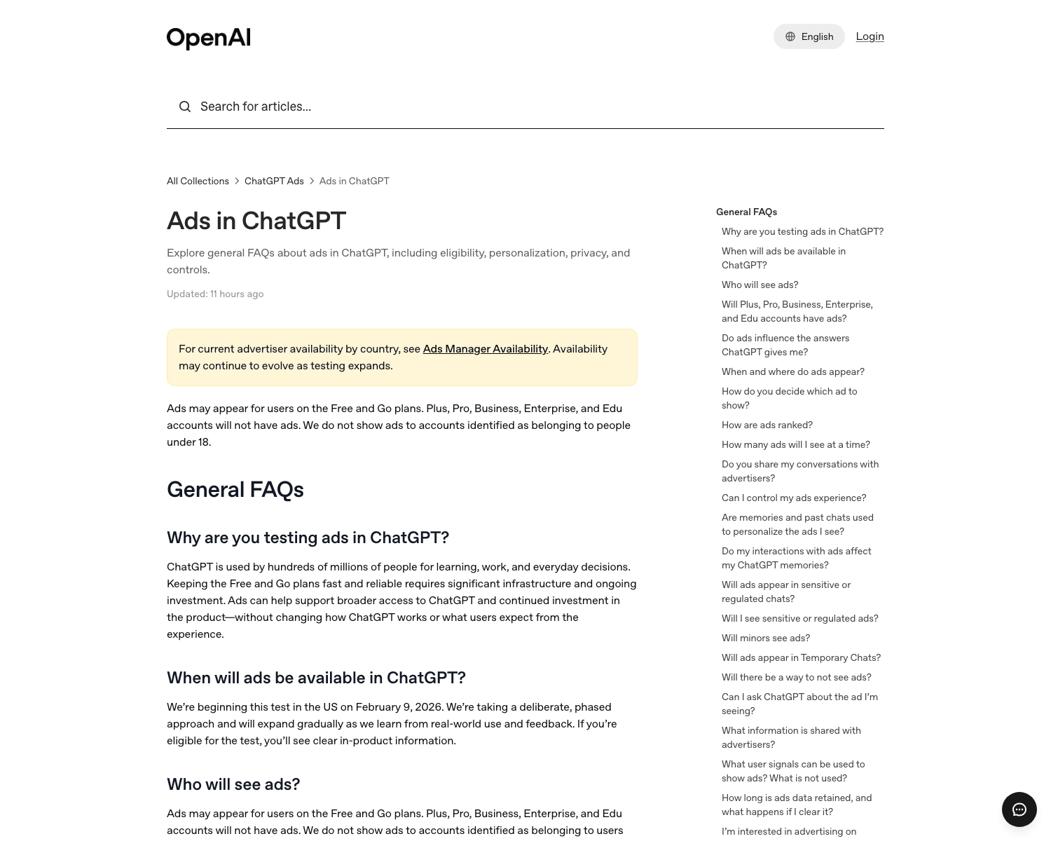 OpenAI's help centre, updated the same day, sets the eligibility rule: ads on Free and Go, no ads on Plus, Pro, Business, Enterprise, and Edu