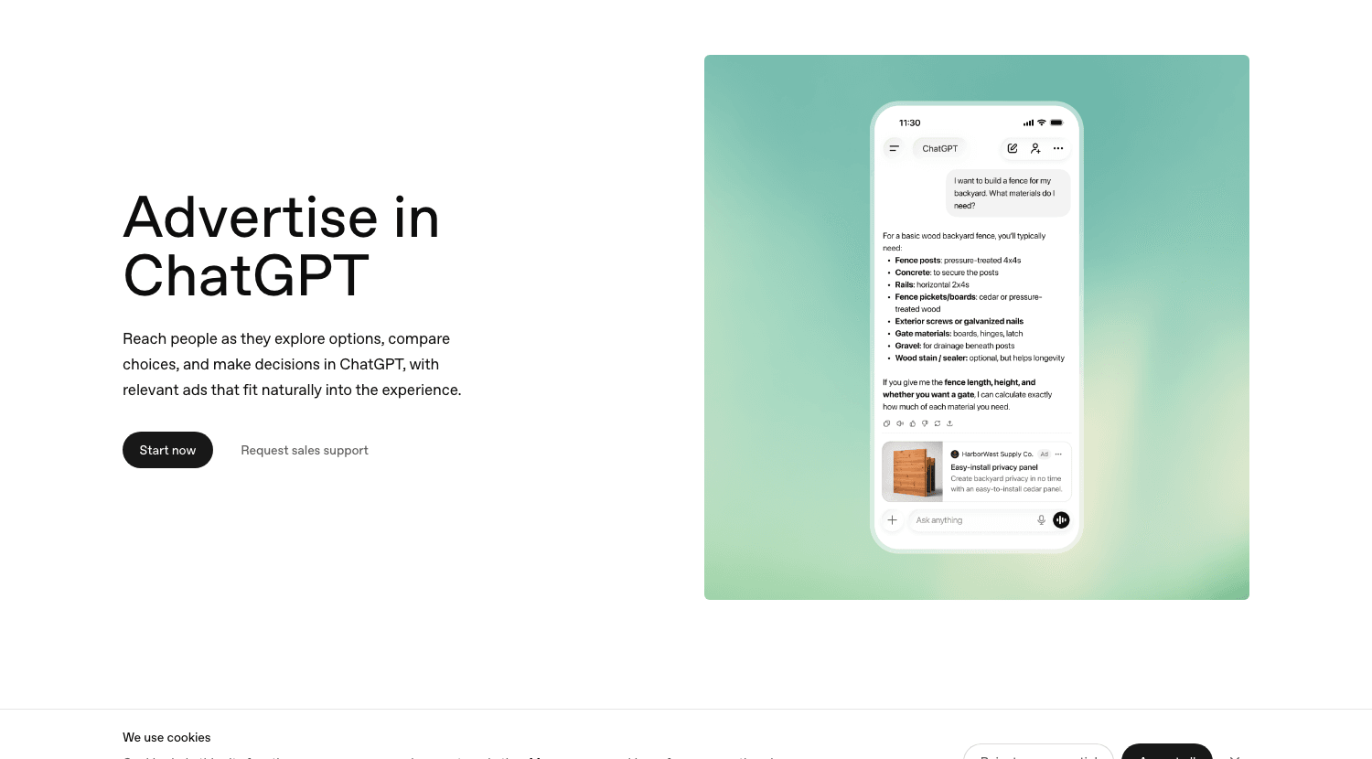 OpenAI's advertiser page shows the placement: a labelled sponsored card sitting under a finished ChatGPT answer, not inside it