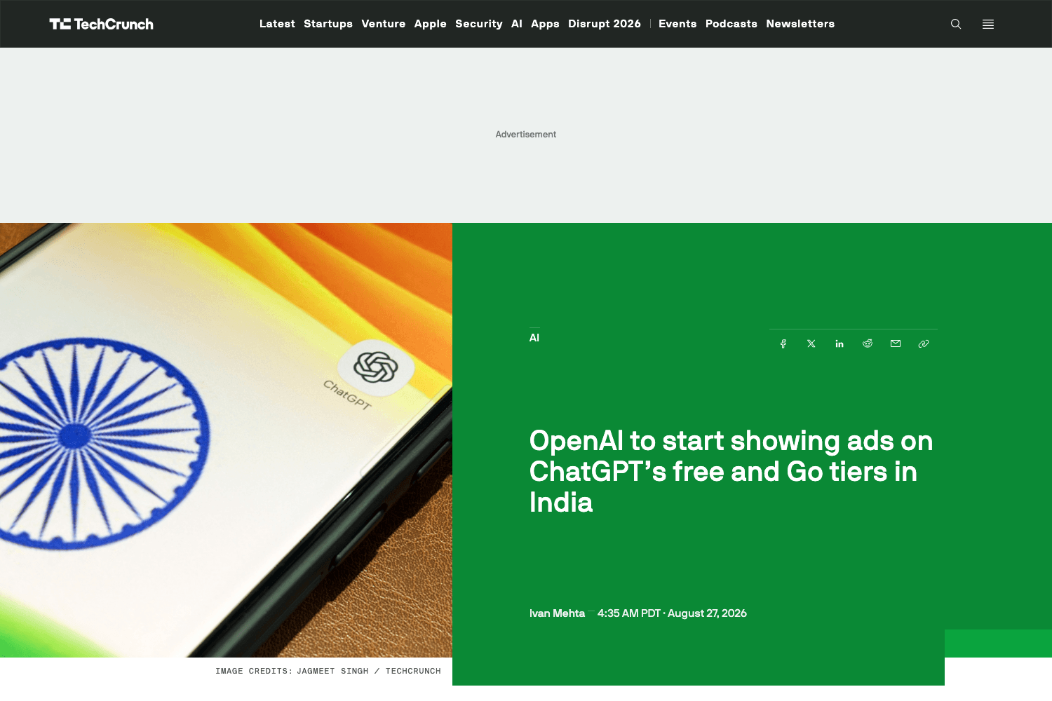 TechCrunch published the India rollout at 4:35 AM PDT on August 27, 2026, naming Free and Go as the affected tiers