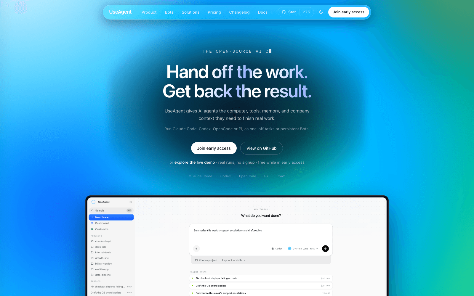 The useAgent homepage: "Hand off the work. Get back the result." above buttons for early access and GitHub, with Claude Code, Codex, OpenCode, Pi and Chat listed as supported engines