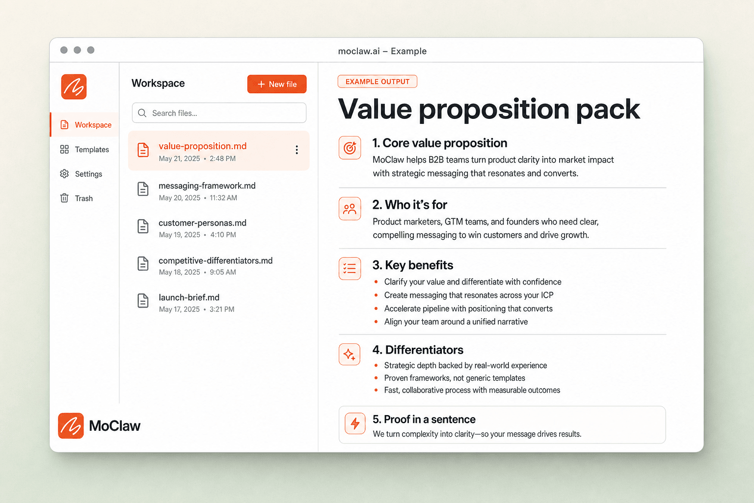 Example value proposition output with one-liner and hero variant