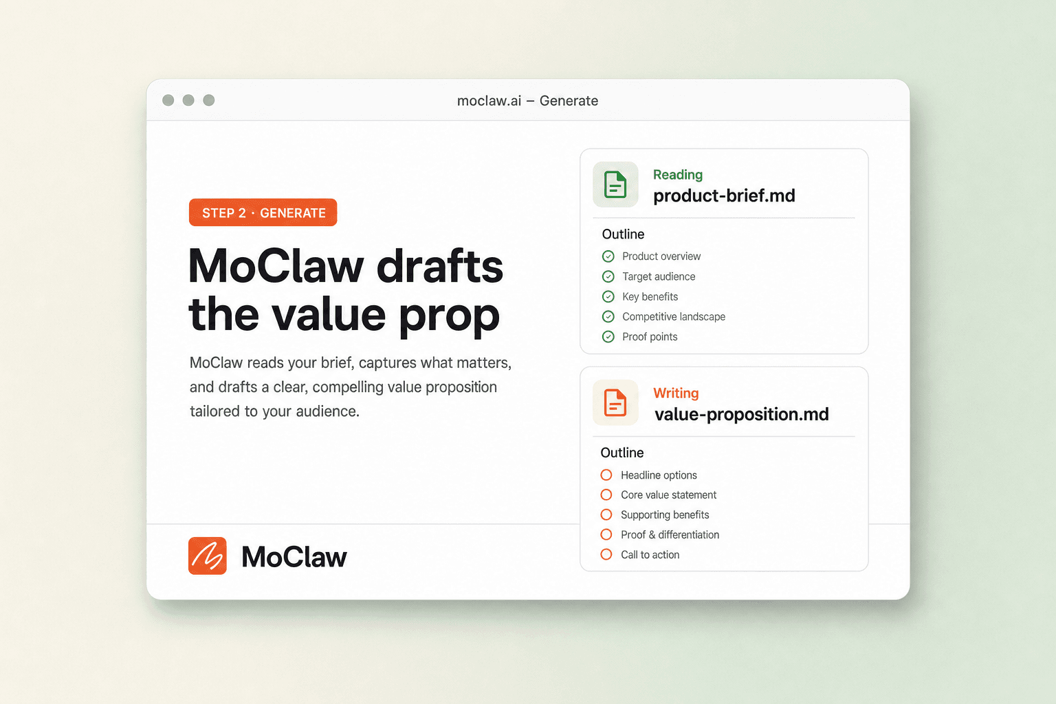 Step 2: MoClaw drafting the value proposition