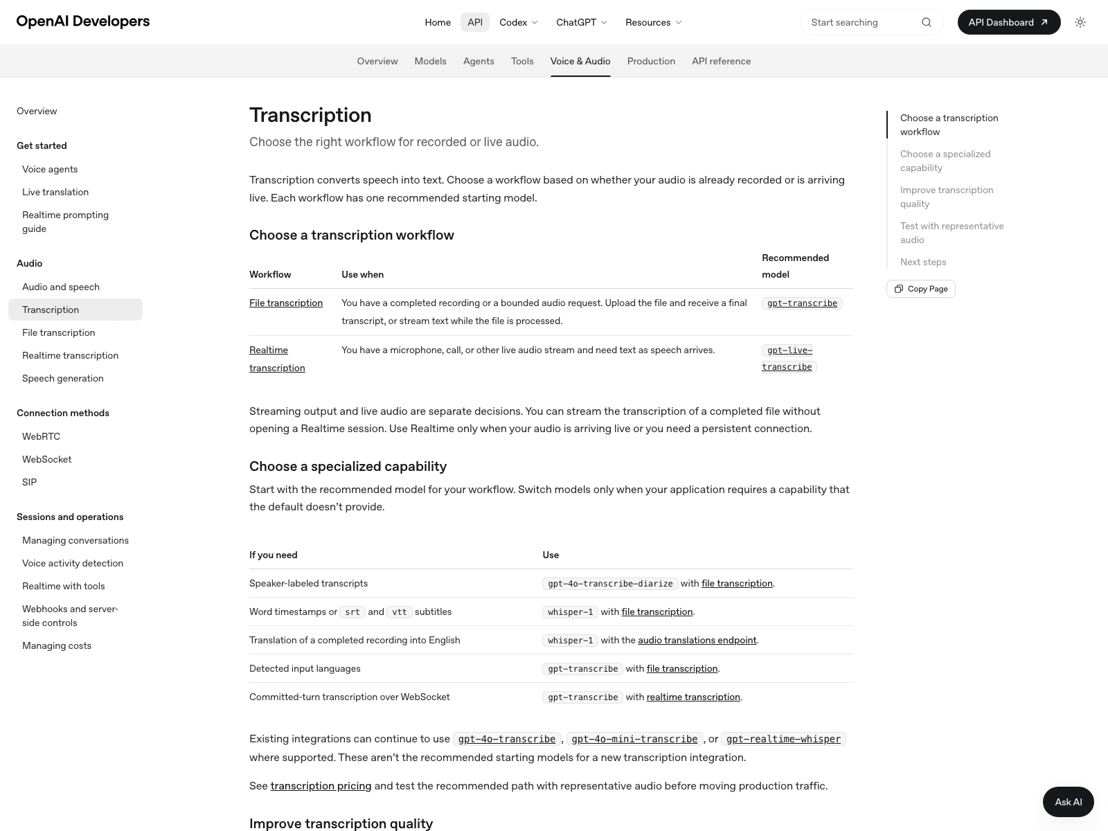 OpenAI's transcription guide on September 1, 2026: the "Choose a specialized capability" table still routes speaker labels to gpt-4o-transcribe-diarize and both timestamps and translation to whisper-1, six days after both were marked for shutdown
