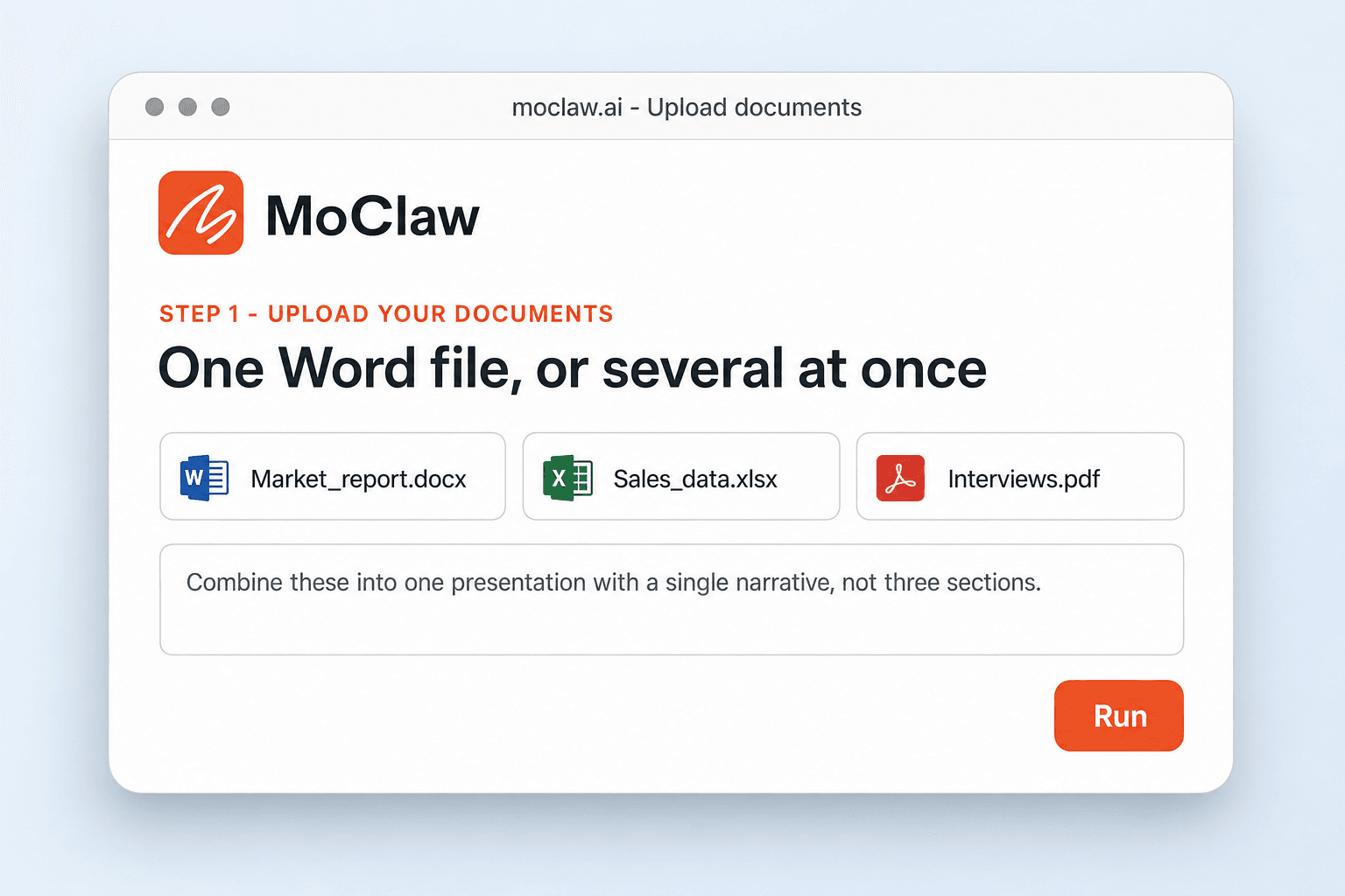 MoClaw screen with a Word report, a spreadsheet, and interview notes attached in one upload