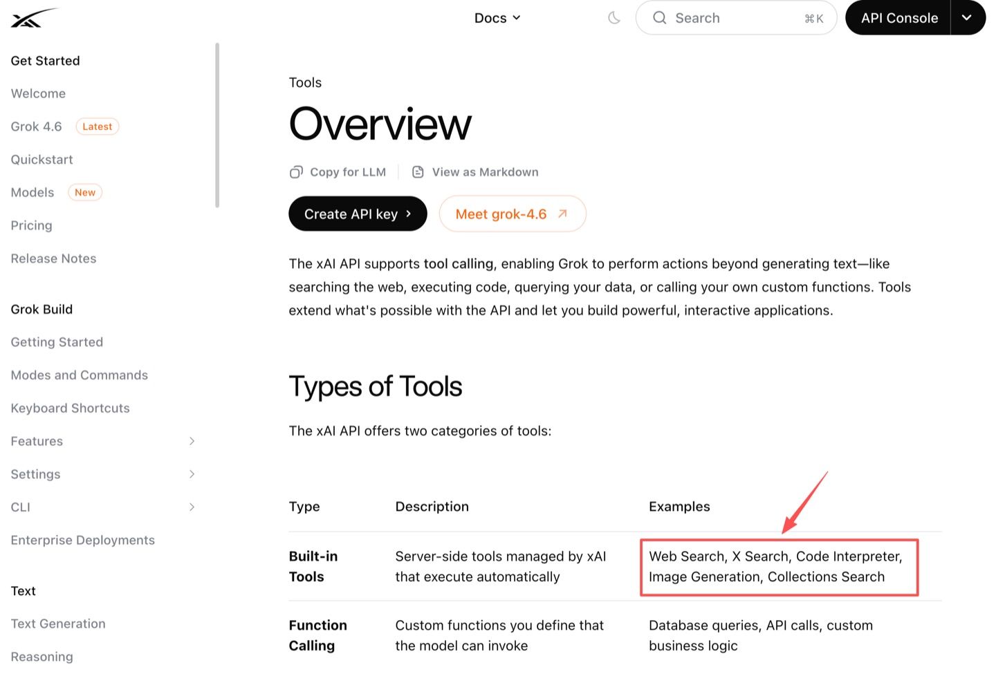 The xAI API tools documentation table listing built-in tools and function calling
