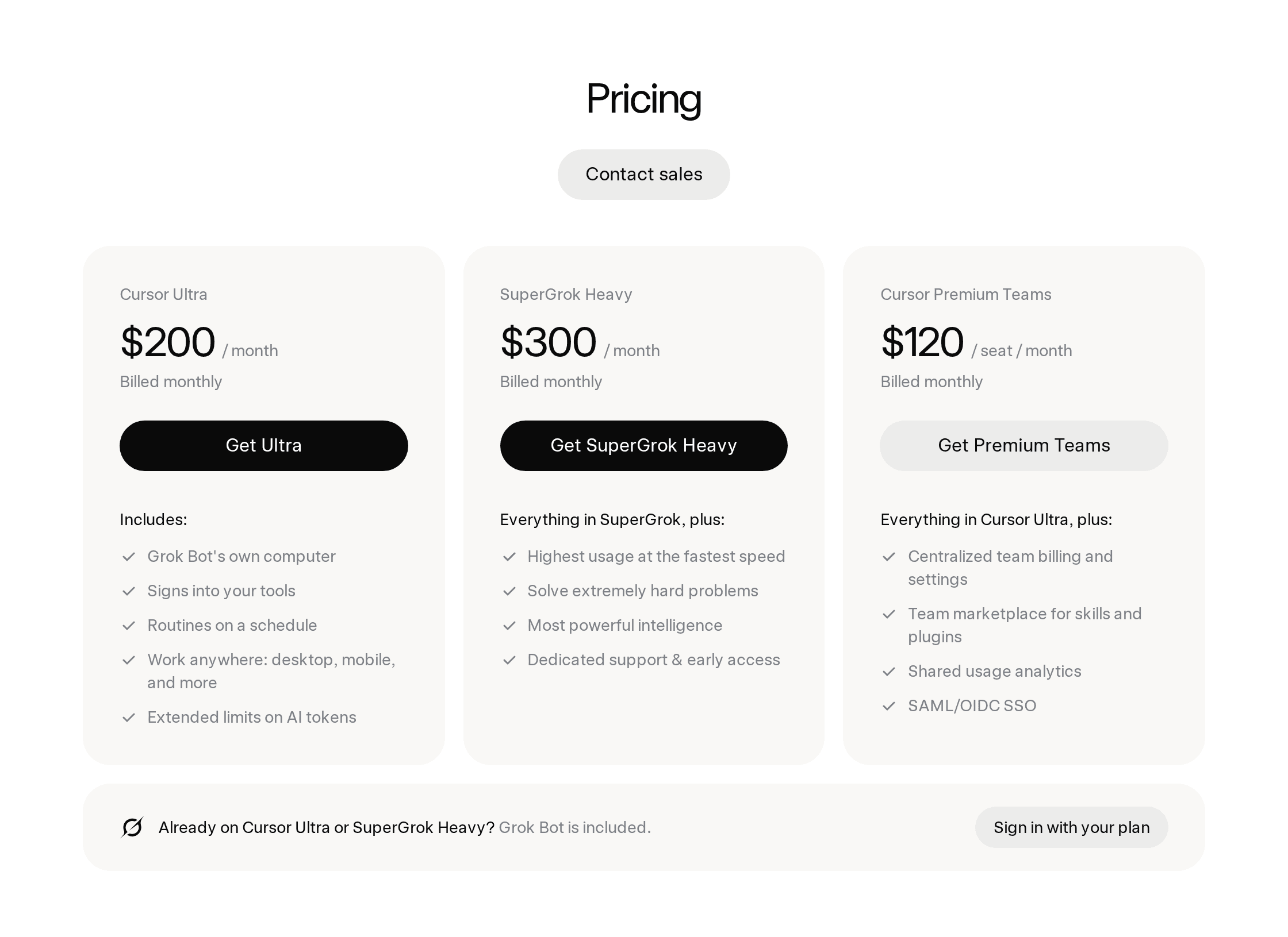 x.ai/bot pricing: Cursor Ultra $200, SuperGrok Heavy $300, Cursor Premium Teams $120 per seat