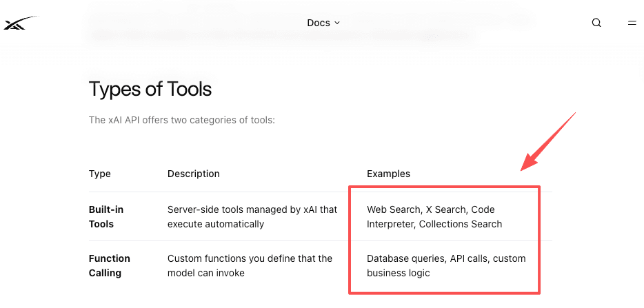 xAI API documentation splitting tools into built-in server-side tools (web search, X search, code interpreter, collections search) and custom function calling