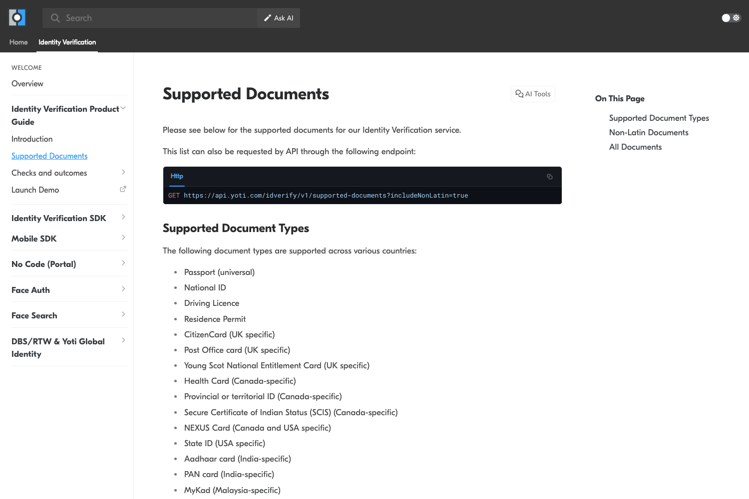 Yoti's supported documents page, listing passports, national IDs, driving licences and the country-specific cards accepted for identity verification